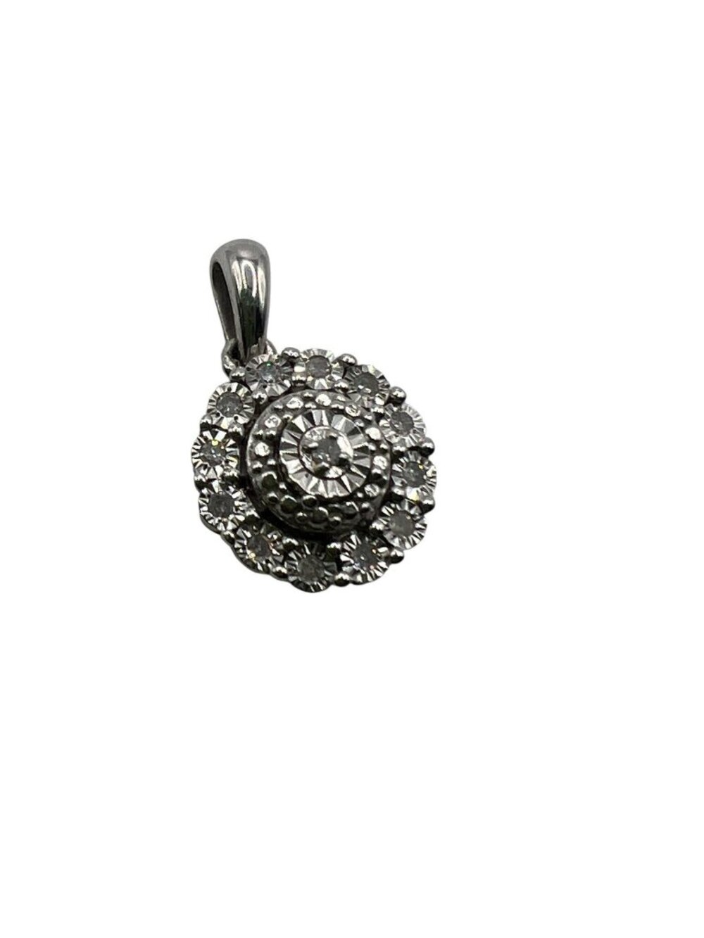 925 Sterling Silver Genuine Diamond Cluster Double Halo Round Pendant Charm UD
